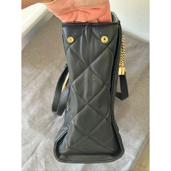 ALDO Black Quilted Gold Chain Tote | Chic Structured Shoulder Handbag - Picture 11 of 12